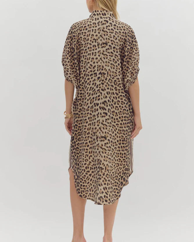 Leopard Print 3/4 Sleeve Midi Dress