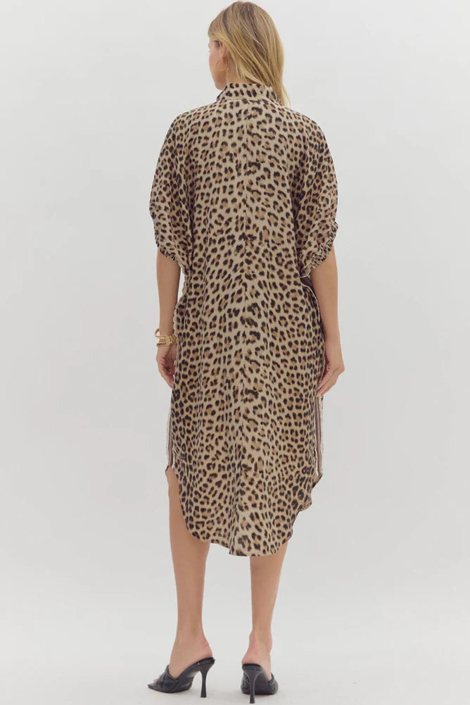 Leopard Print 3/4 Sleeve Midi Dress