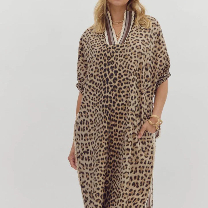 Leopard Print 3/4 Sleeve Midi Dress