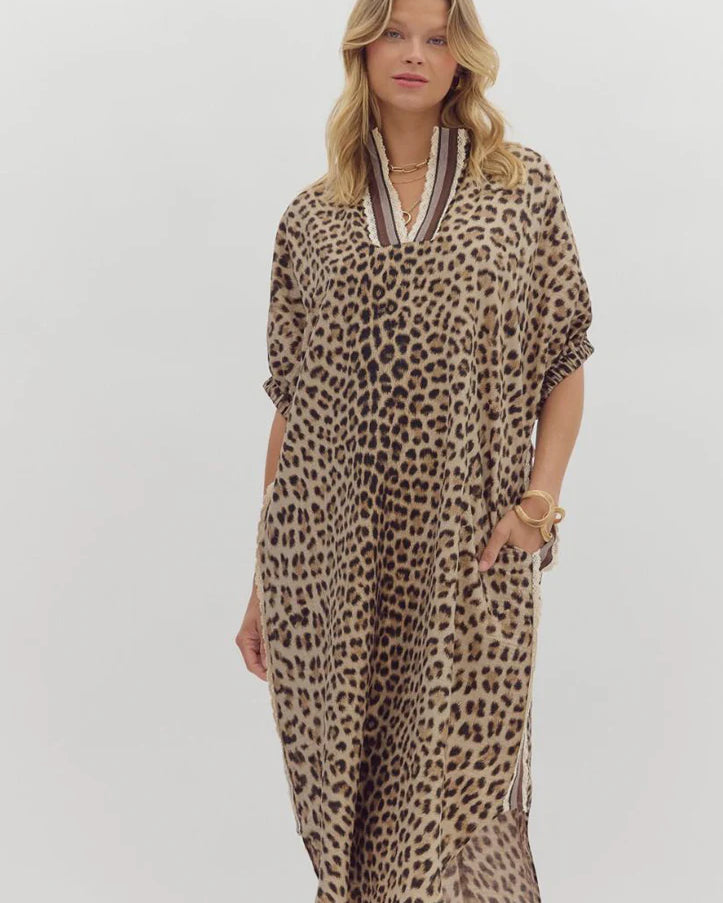 Leopard Print 3/4 Sleeve Midi Dress