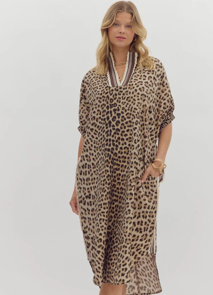 Leopard Print 3/4 Sleeve Midi Dress