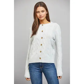 Classic Crew Neck Cable Knit Button-Up Cardigan