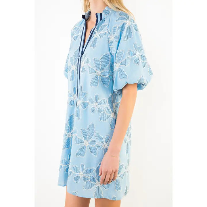 Embroidered Cotton Puff Sleeve Mini Dress with Ruffle Collar