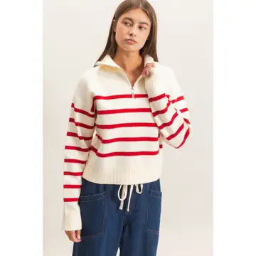 Nautical Chic Half-Zip Collared Striped Sweater