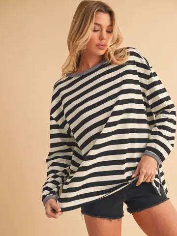 Onida Relaxed Raw-Edge Striped Long Sleeve