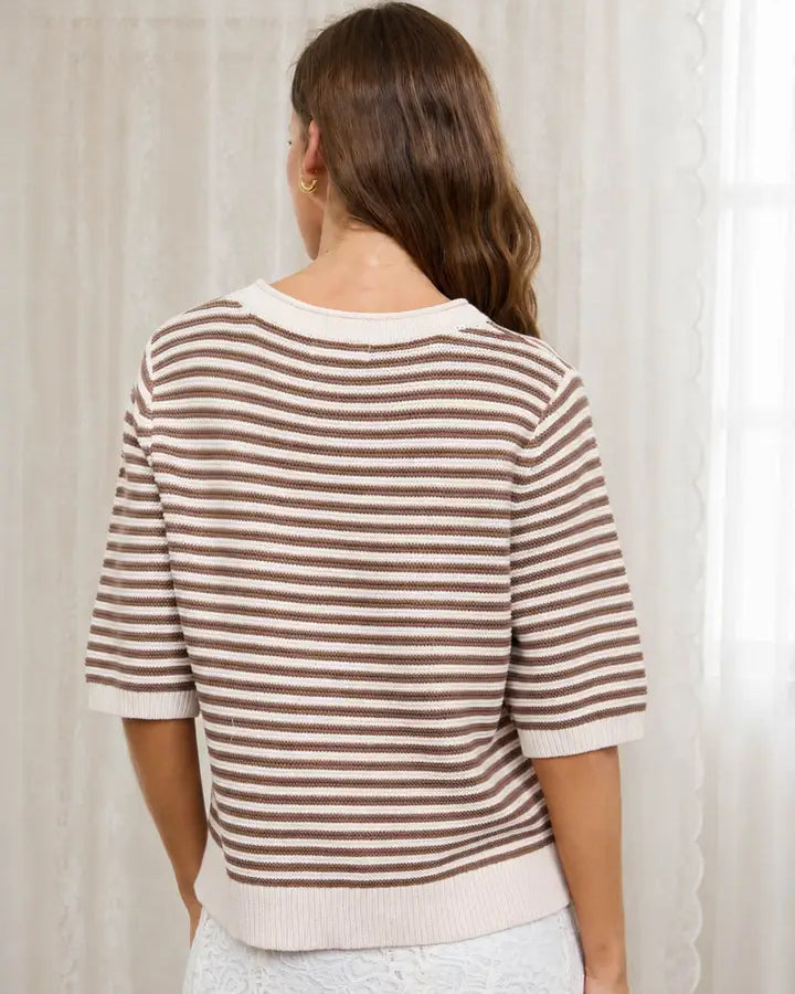 Textured Stripe Crew Neck Half Sleeve Sweater
