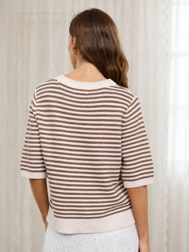 Textured Stripe Crew Neck Half Sleeve Sweater