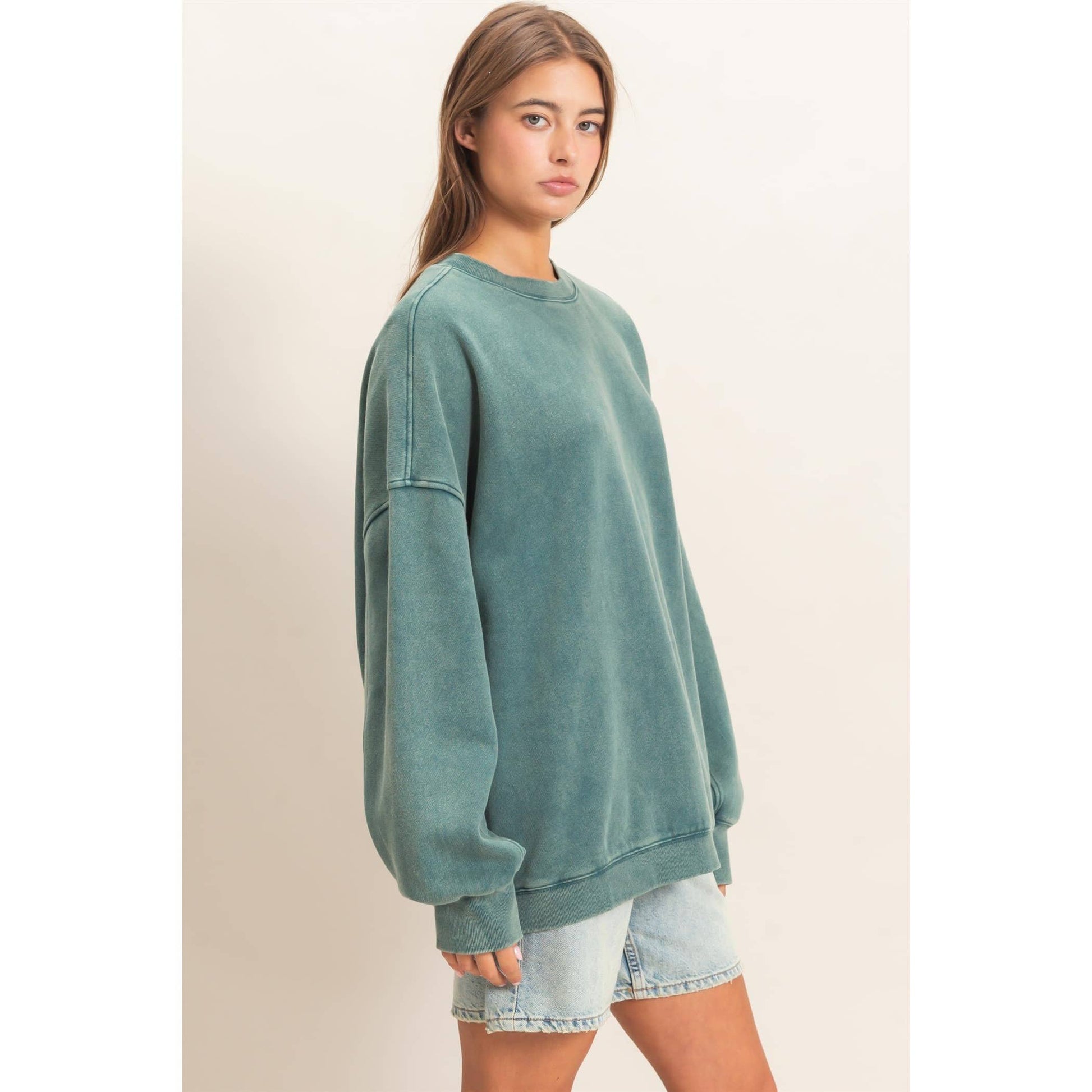 Acid Wash Crew Neck Long Sleeve Sweatshirt