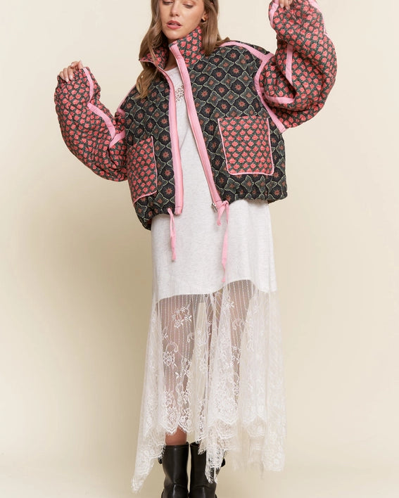 Rose Pattern Pink Taped Padded Jacket