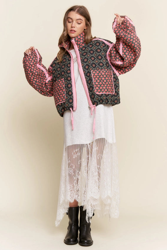 Rose Pattern Pink Taped Padded Jacket
