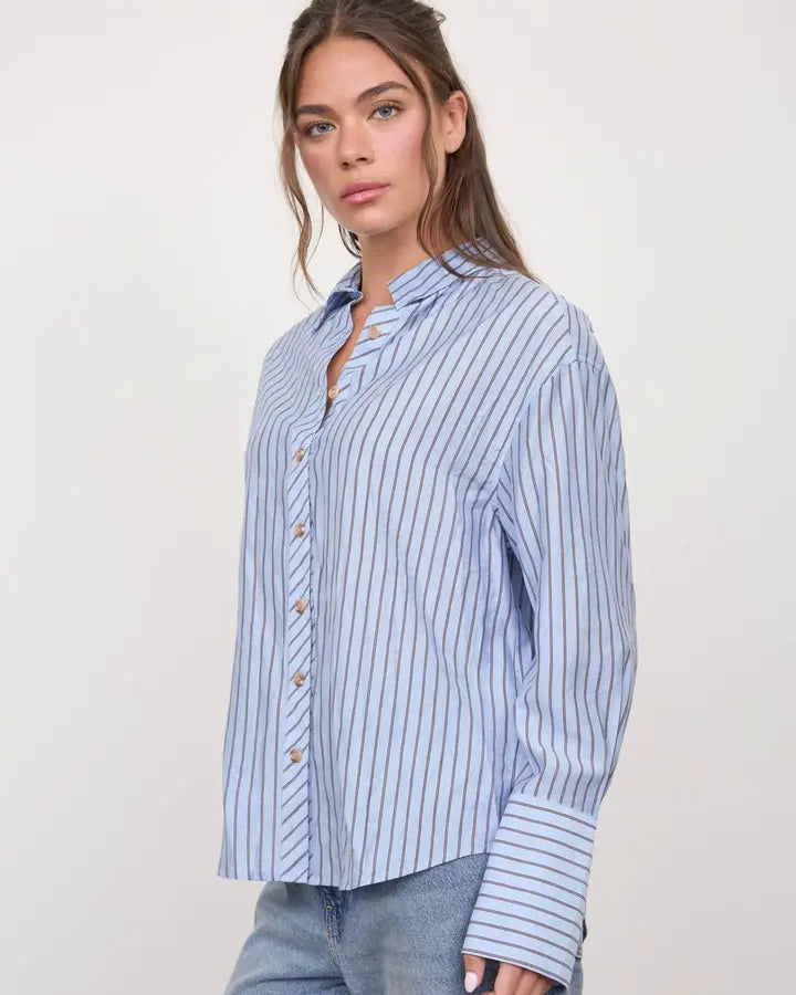 Blu Pepper Stripe Collared Back Button Detail Long Sleeve Top - Blue
