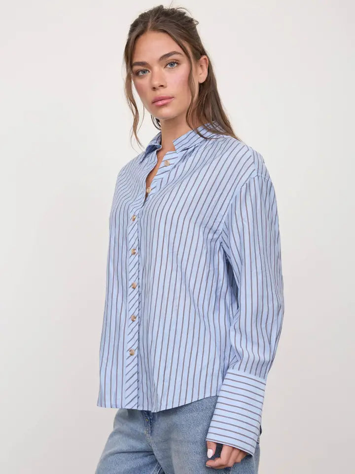 Blu Pepper Stripe Collared Back Button Detail Long Sleeve Top - Blue