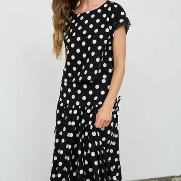 blu pepper polka dot drop waist midi skirt