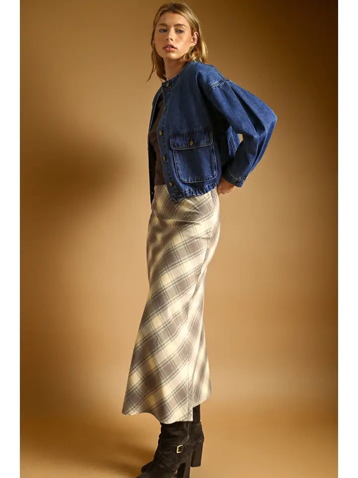 Miou Muse Boxy Round Neck Cropped Denim Jacket