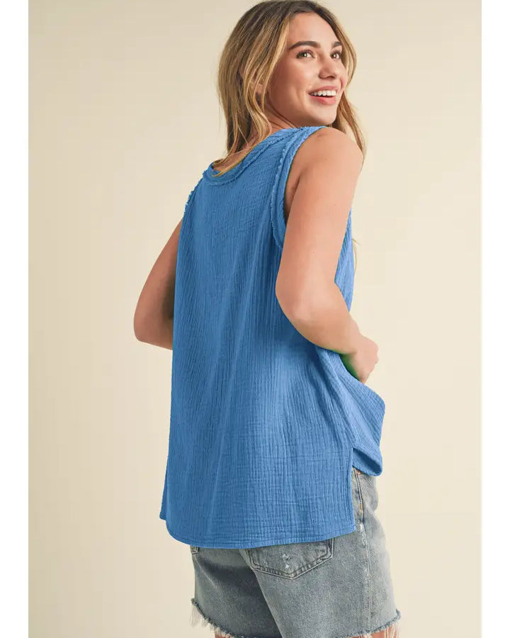 Nasia Raw Edge Cotton Gauze V-Neck Tank