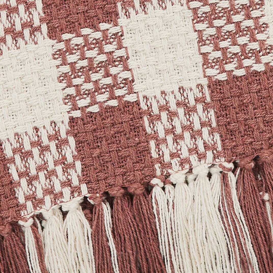 Dusty Rose Heritage Check Throw Blanket with Fringe 50x60