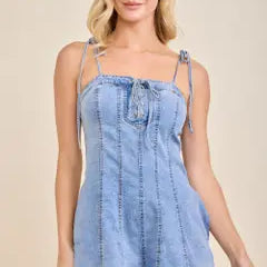Sculpting Lace-Up Denim Corset Romper with Tie Straps