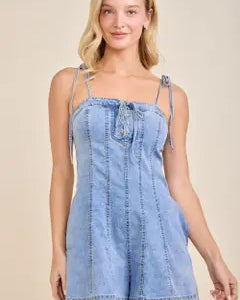 Sculpting Lace-Up Denim Corset Romper with Tie Straps
