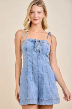 Sculpting Lace-Up Denim Corset Romper with Tie Straps