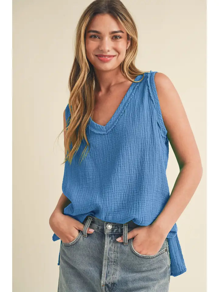 Nasia Raw Edge Cotton Gauze V-Neck Tank