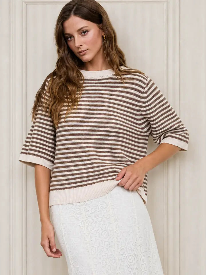 Textured Stripe Crew Neck Half Sleeve Sweater