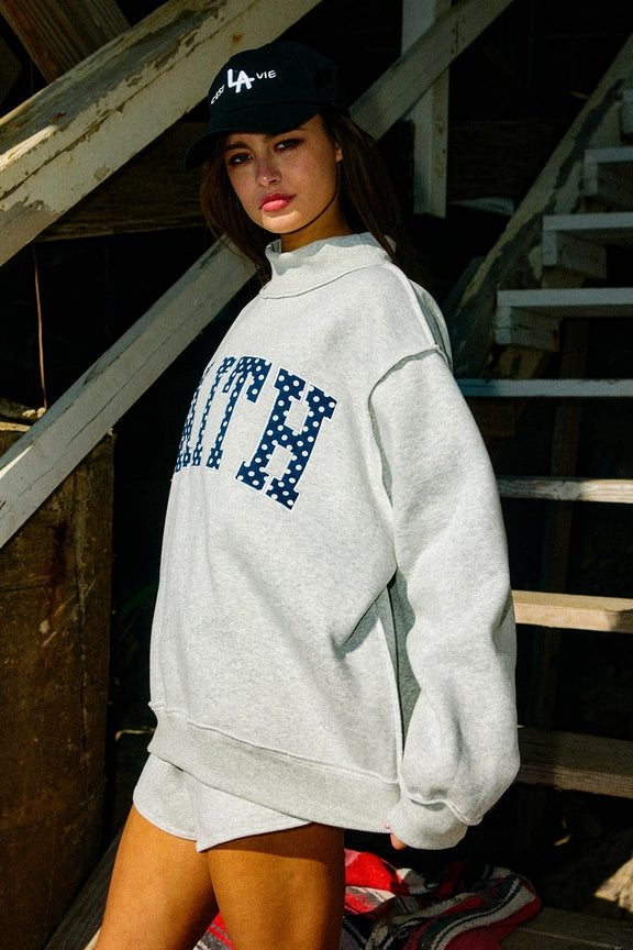 FAITH Embroidered Polka-Dot Mock Neck Oversized Sweatshirt