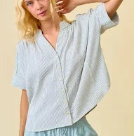 Doe & Rae Stripe Button Down Shirring & Raw Detail Flowy Top