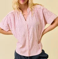 Doe & Rae Stripe Button Down Shirring & Raw Detail Flowy Top