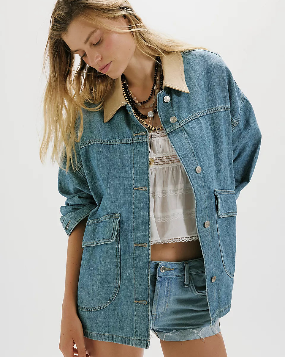We The Free Lemon Oversized Denim Jacket with Canvas Collar