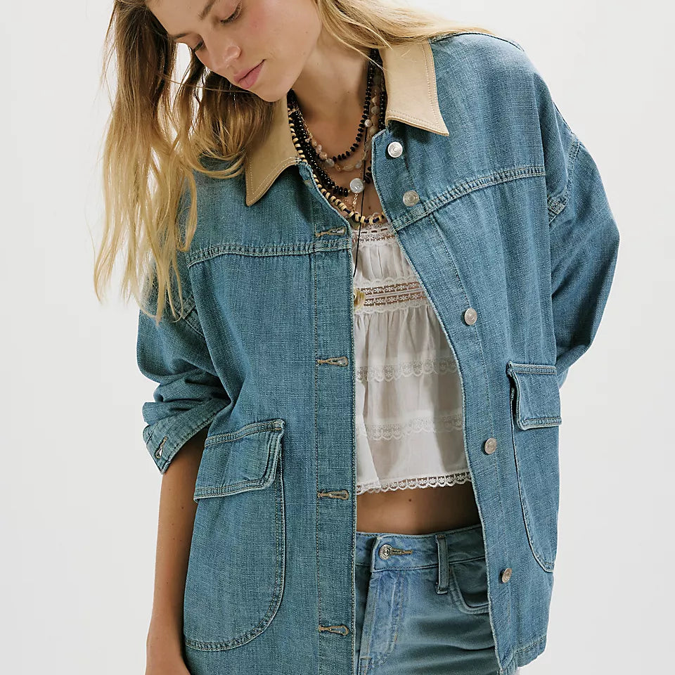 We The Free Lemon Oversized Denim Jacket with Canvas Collar