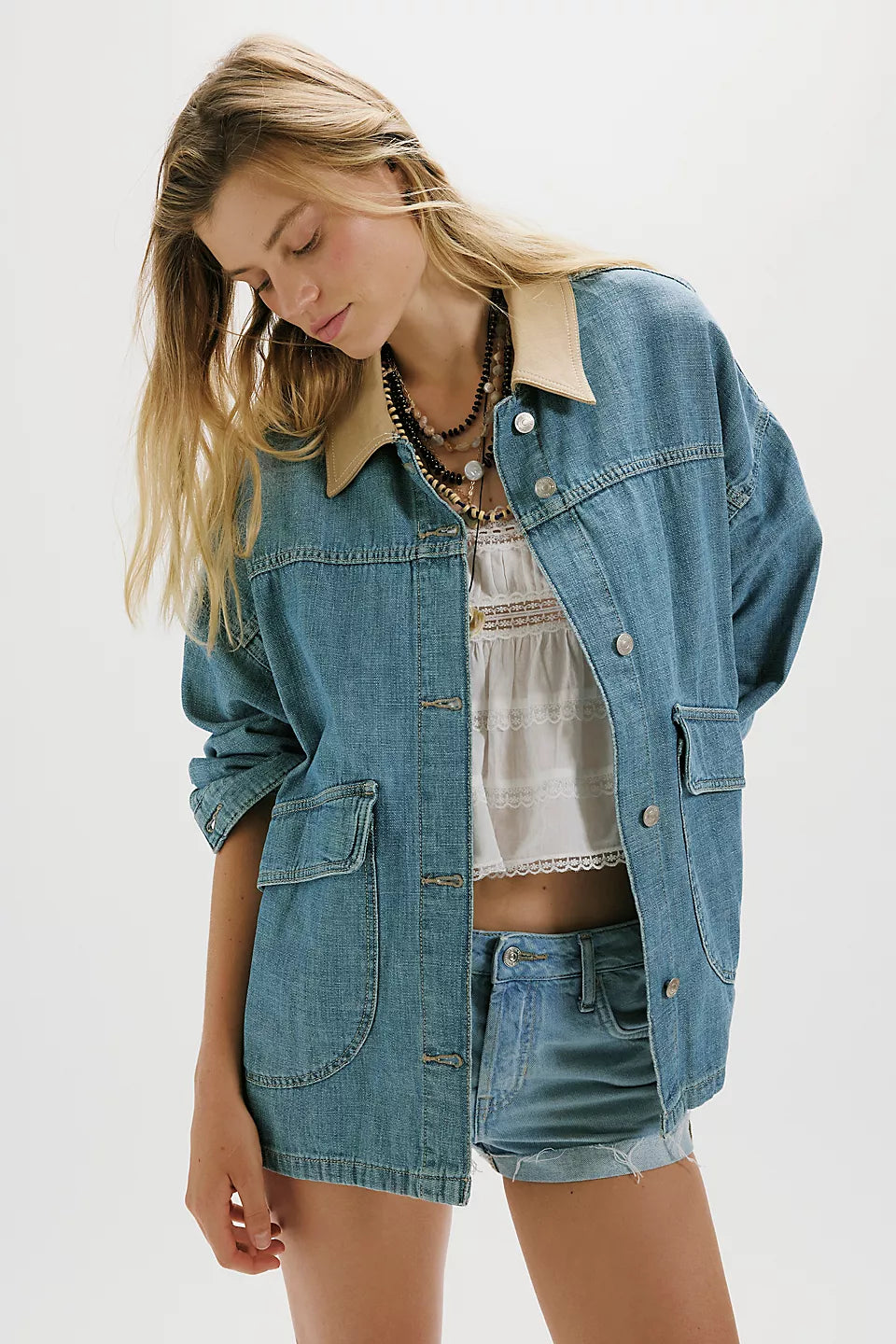 We The Free Lemon Oversized Denim Jacket with Canvas Collar