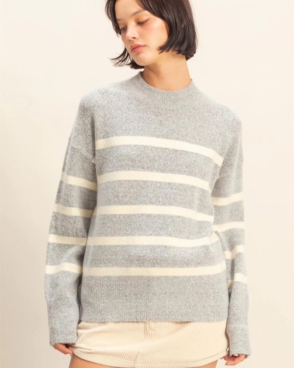 Grey Striped High Neck Sweater