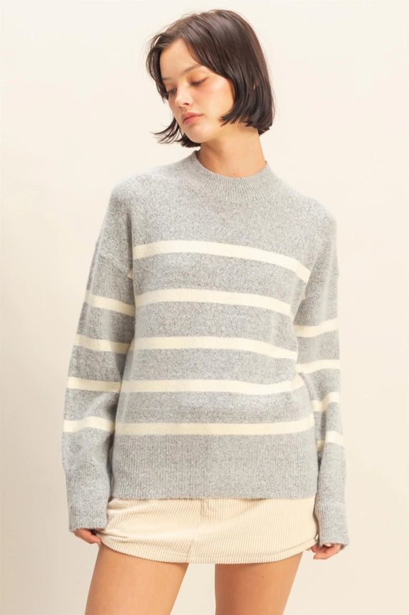 Grey Striped High Neck Sweater