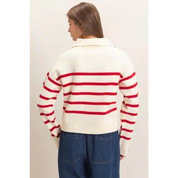 Nautical Chic Half-Zip Collared Striped Sweater