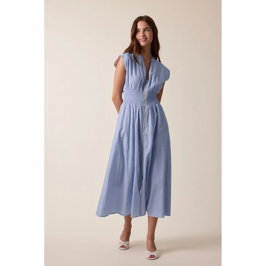 Aria Striped Front Zip Cotton Midi Dress