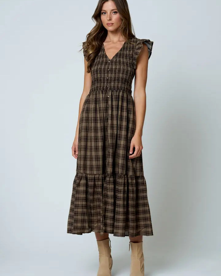 Plaid Smocked V Neck Button Down Ruffled Midi Dres