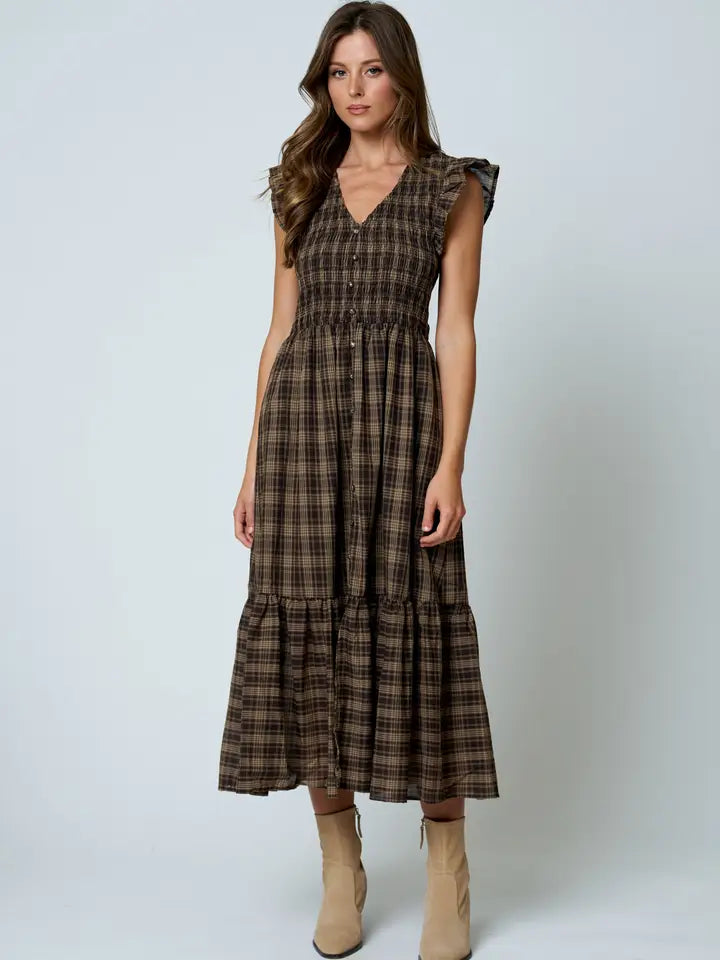 Plaid Smocked V Neck Button Down Ruffled Midi Dres