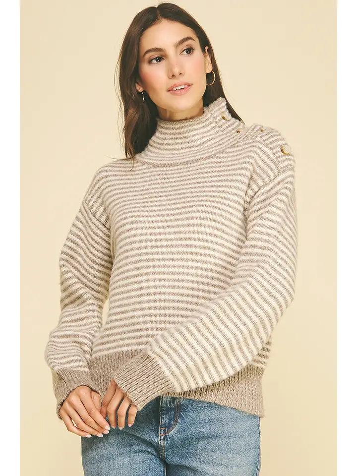 Pinch Striped Button-Shoulder Mock Neck Knit Sweater