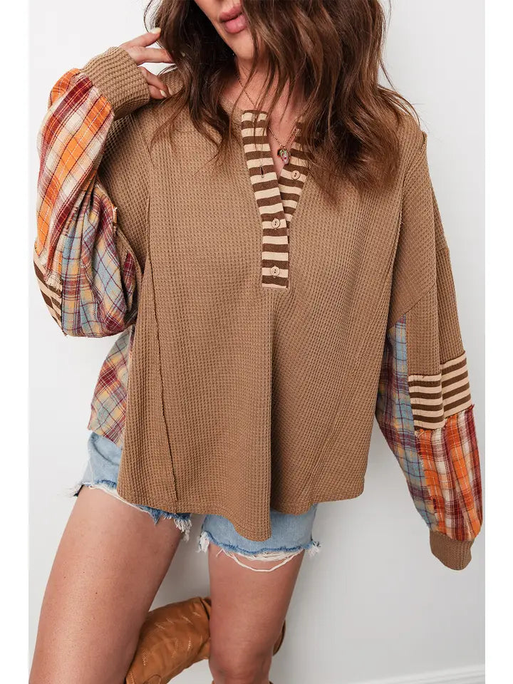 Ldc Plaid Patchwork Henley Knit Top