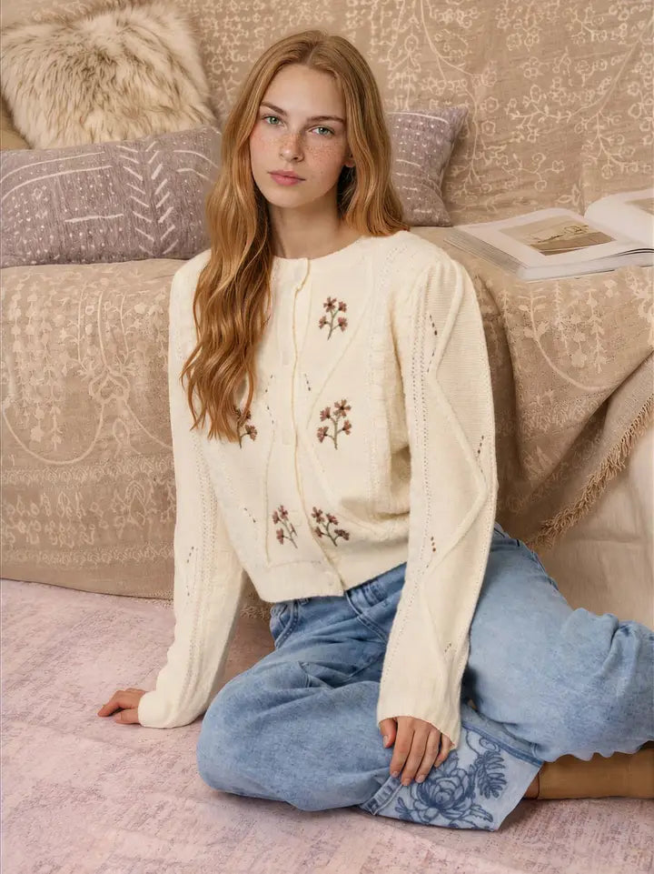 Vintage Floral Embroidered Contrast Stitch Cable Knit Cardigan