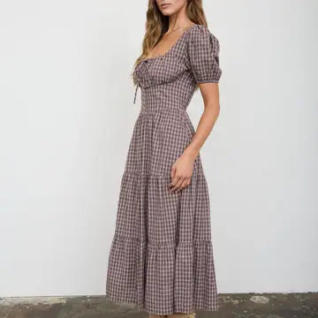 Plaid Puff Sleeve Corset Detail Tiered Midi Dress
