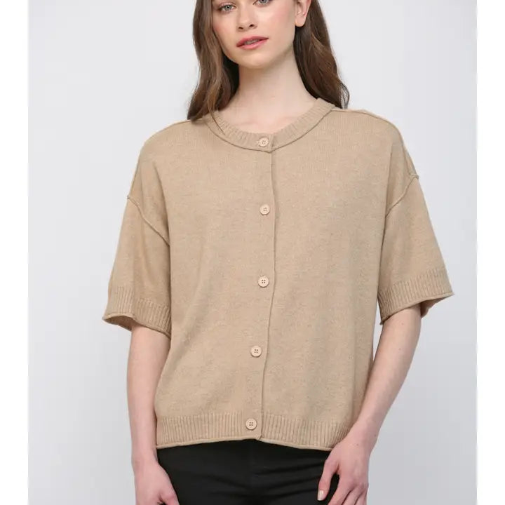 Premium Cashmere Blend Short-Sleeve Ribbed Cardigan