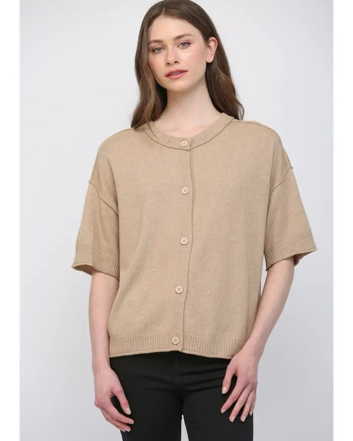 Premium Cashmere Blend Short-Sleeve Ribbed Cardigan