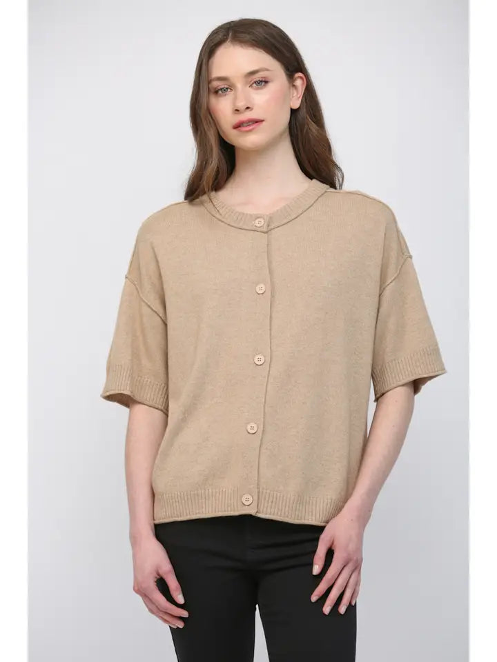 Premium Cashmere Blend Short-Sleeve Ribbed Cardigan