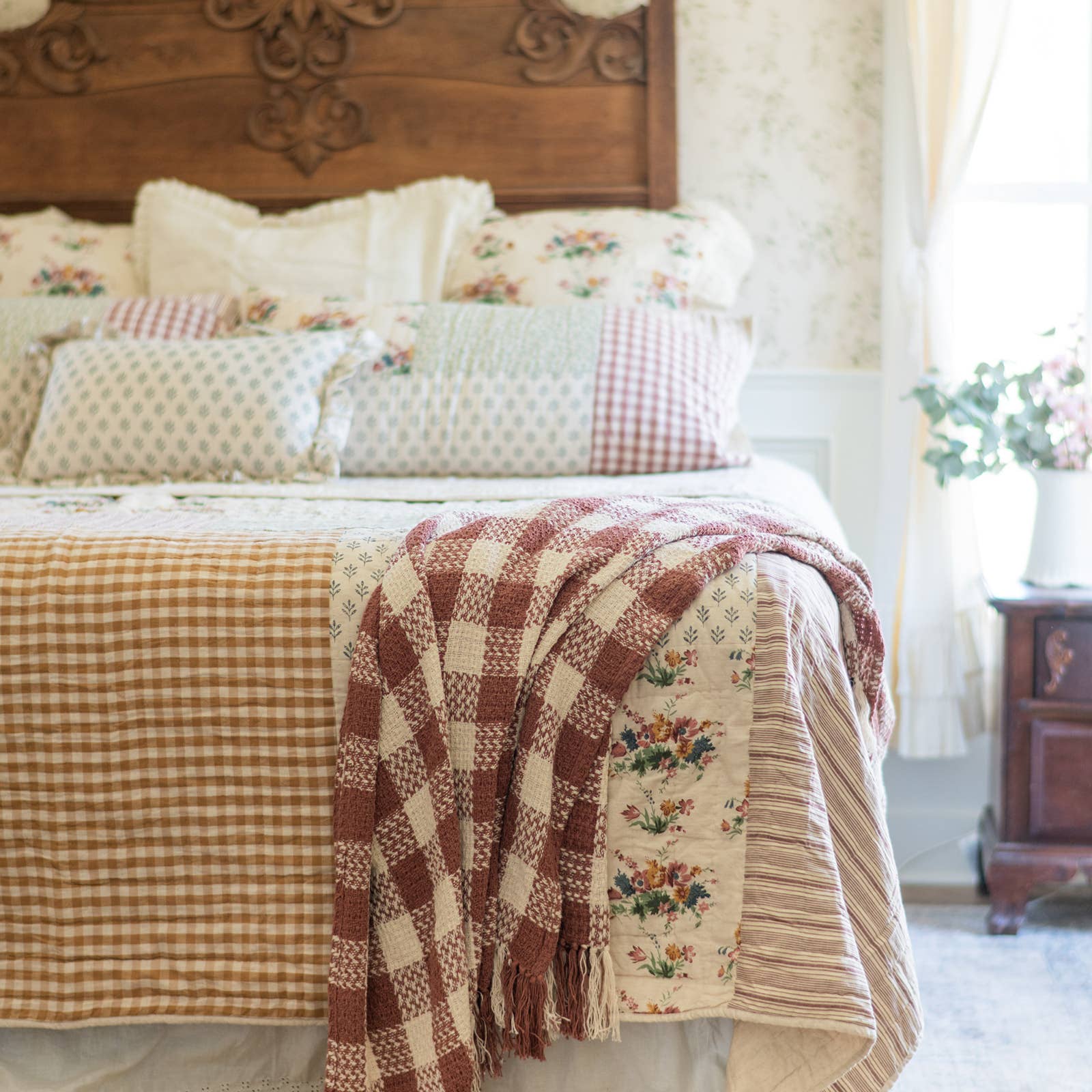 Dusty Rose Heritage Check Throw Blanket with Fringe 50x60