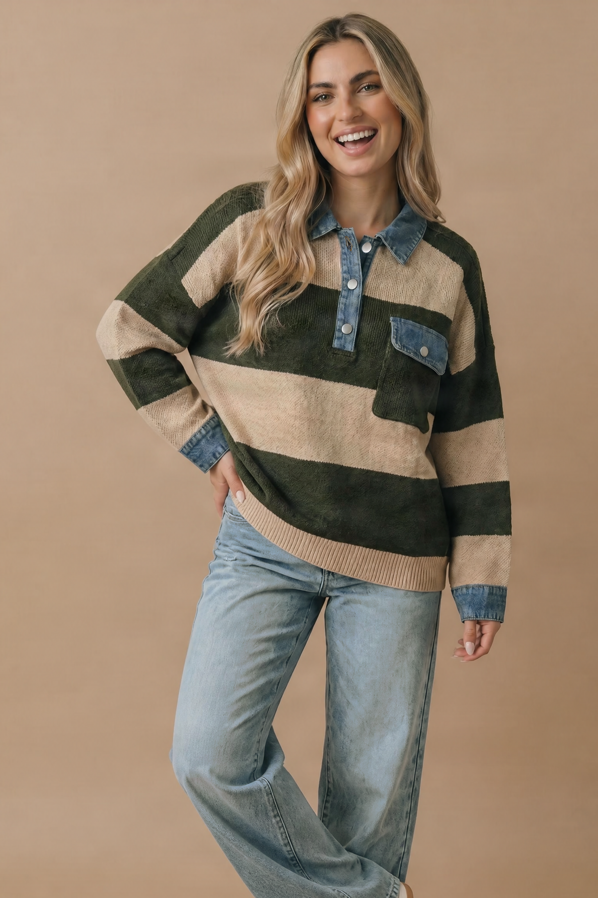 Stripe & Denim Contrast Oversized Knit Polo Sweater