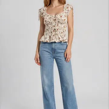 Floral Front Tie Shirred Waist Ruffled Top