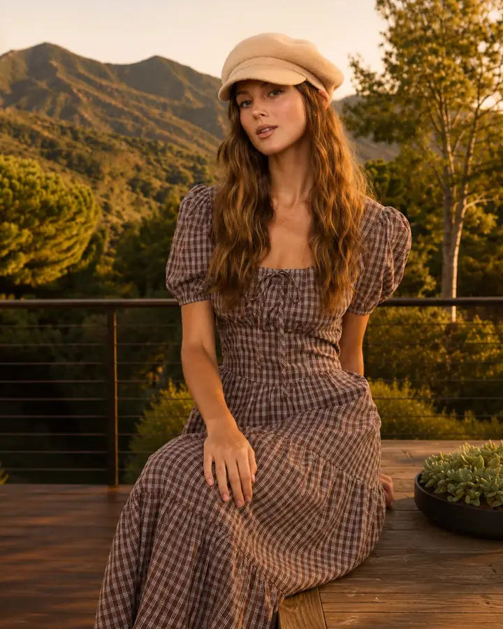 Plaid Puff Sleeve Corset Detail Tiered Midi Dress