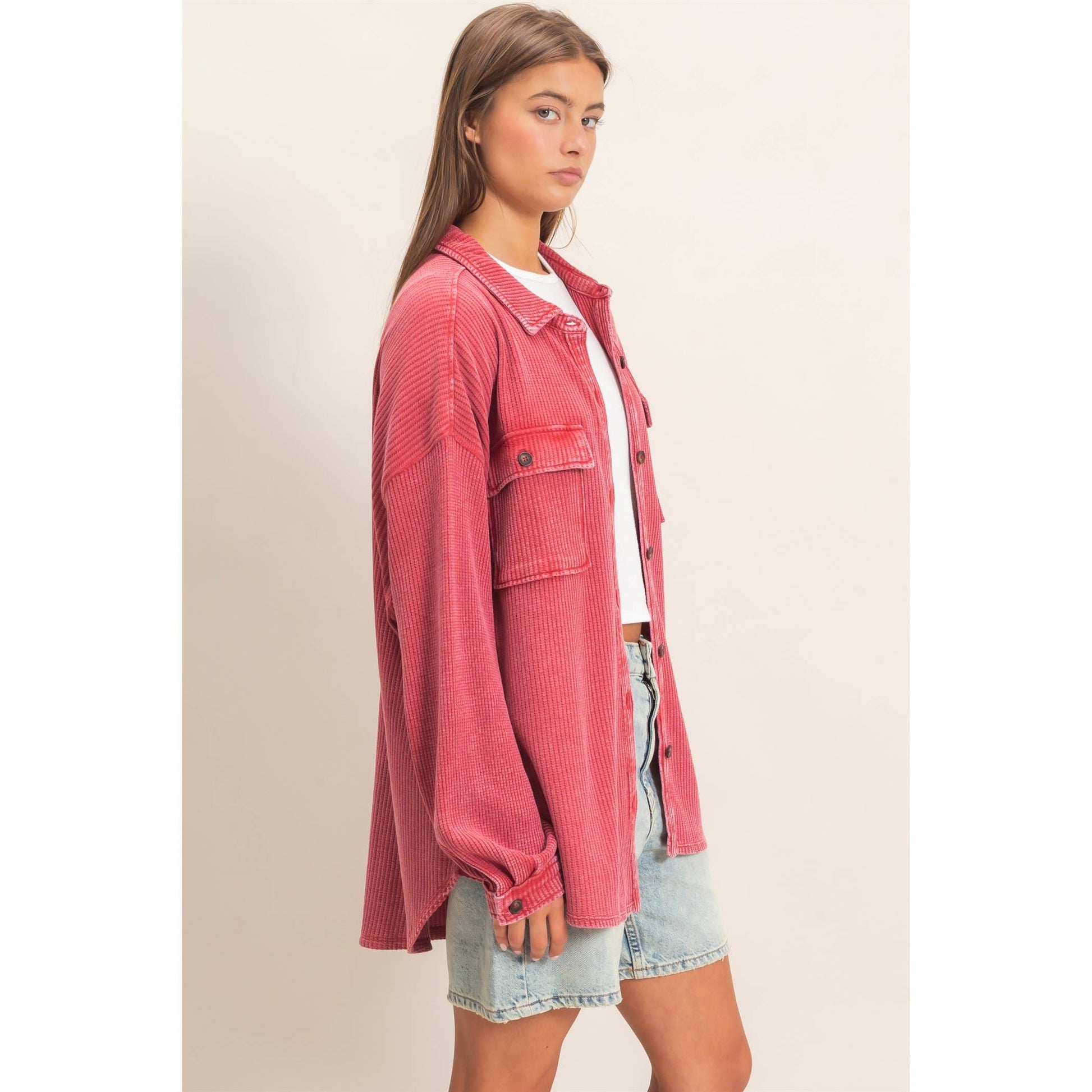 Mineral Wash Waffle Knit Button-Up Shacket