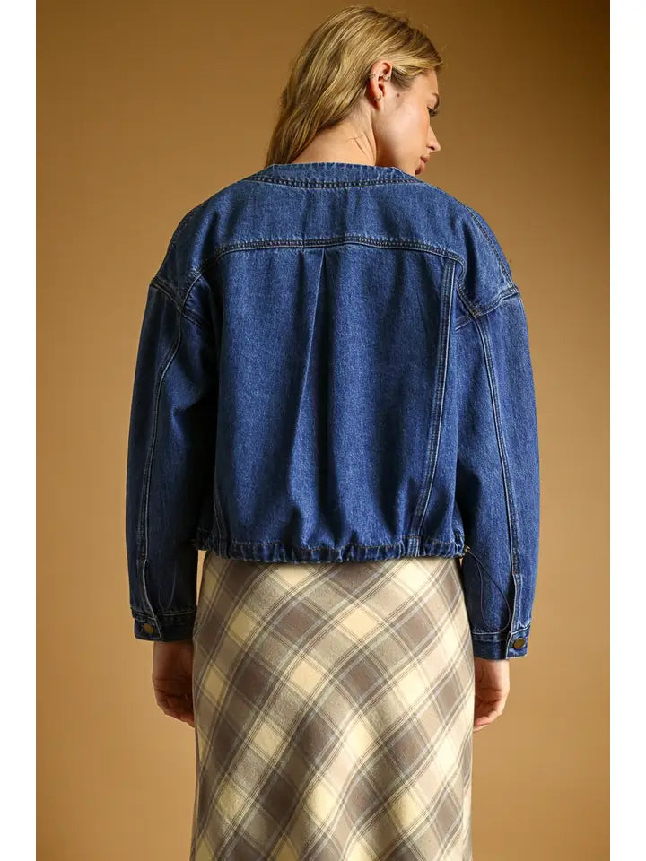 Miou Muse Boxy Round Neck Cropped Denim Jacket